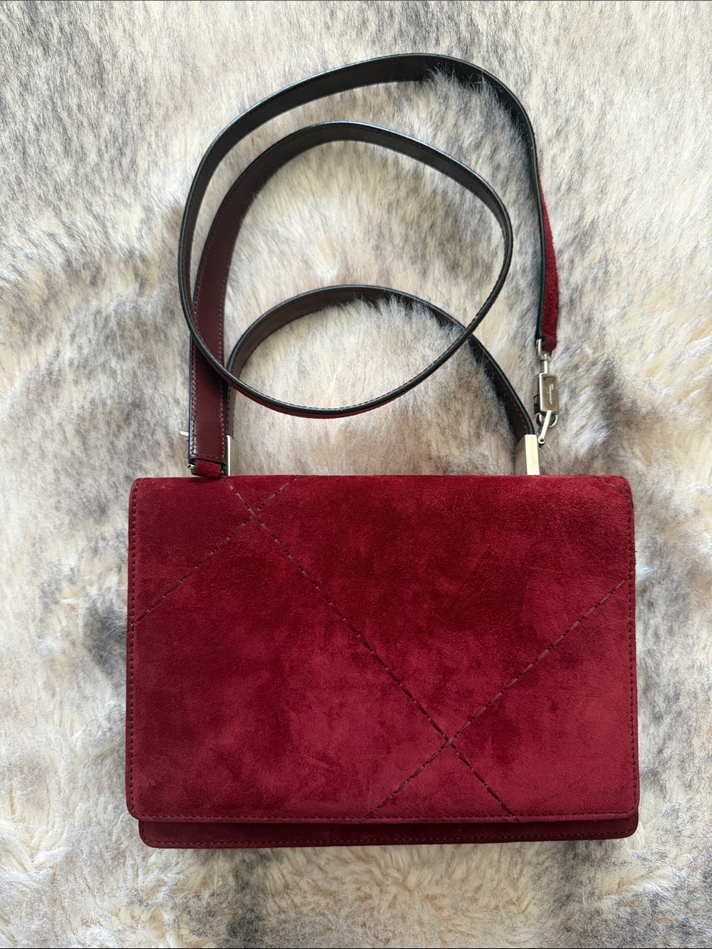Salvatore Ferragamo Burgundy Suede Crossbody Bag